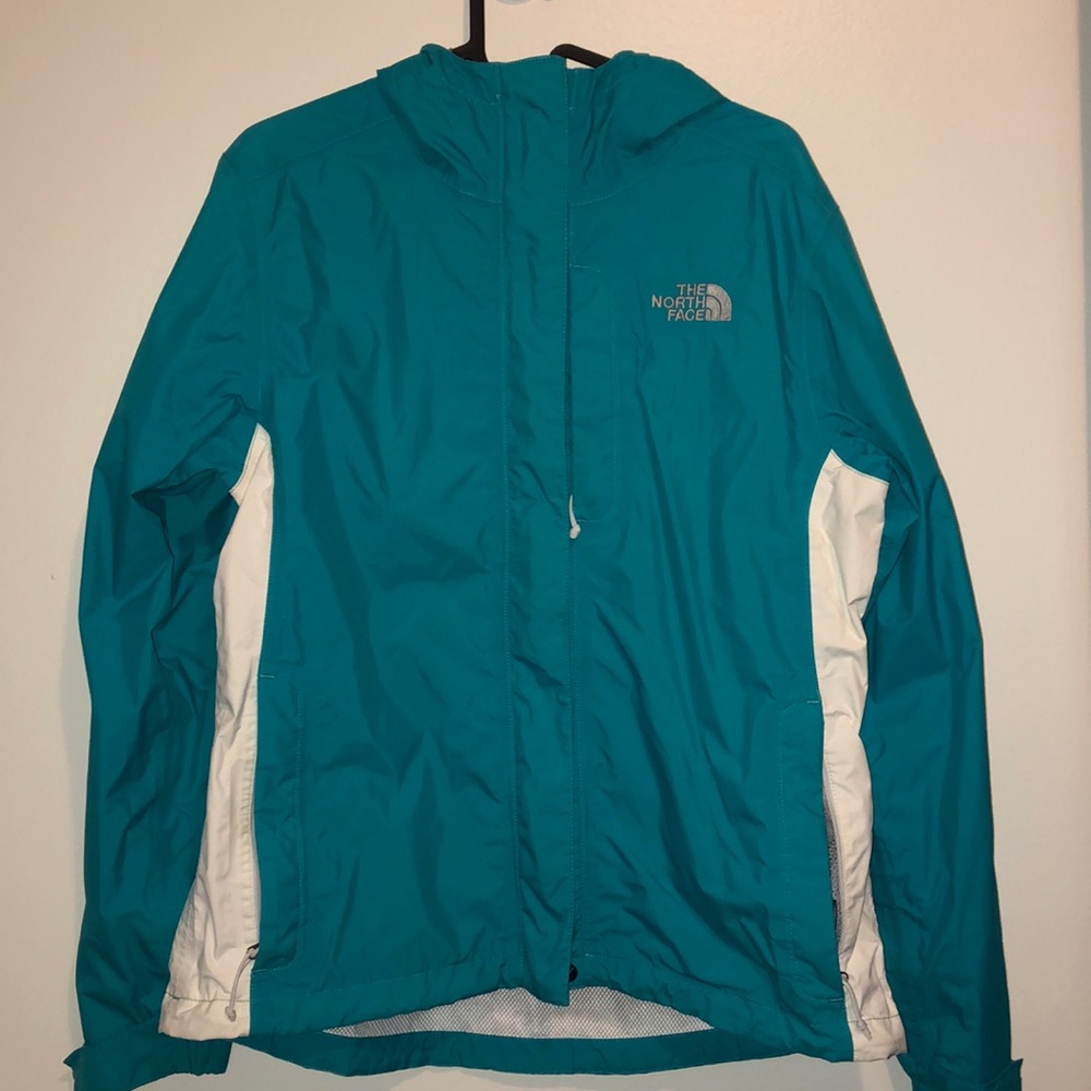 Teal and White Women’s North Face Rain Jacket